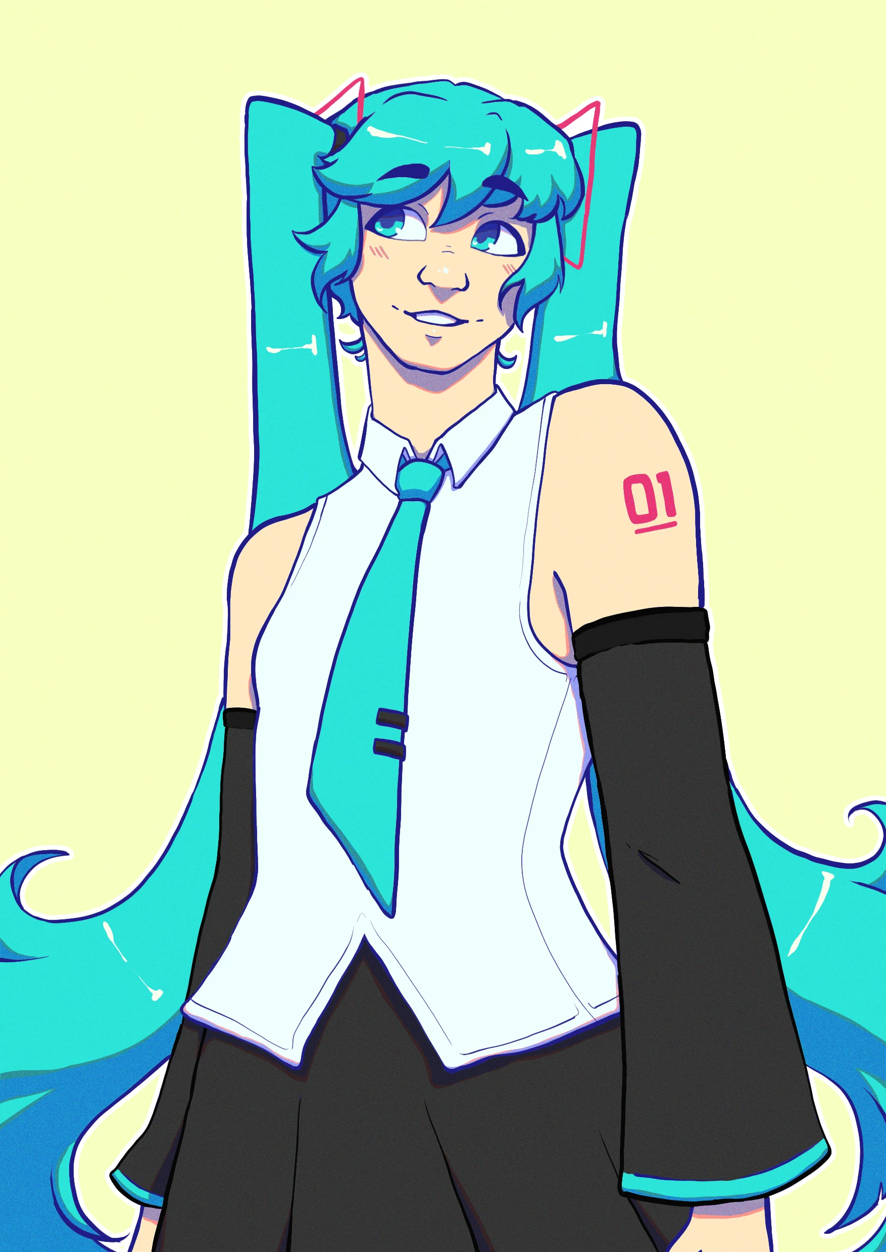 a digital halfbody illustration of Hatsune Miku in her SP outfit on a yellow background.